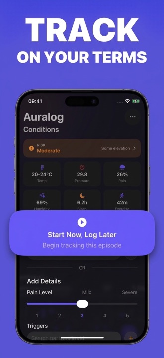 Auralog Save Now, Log Later screen for starting a migraine record