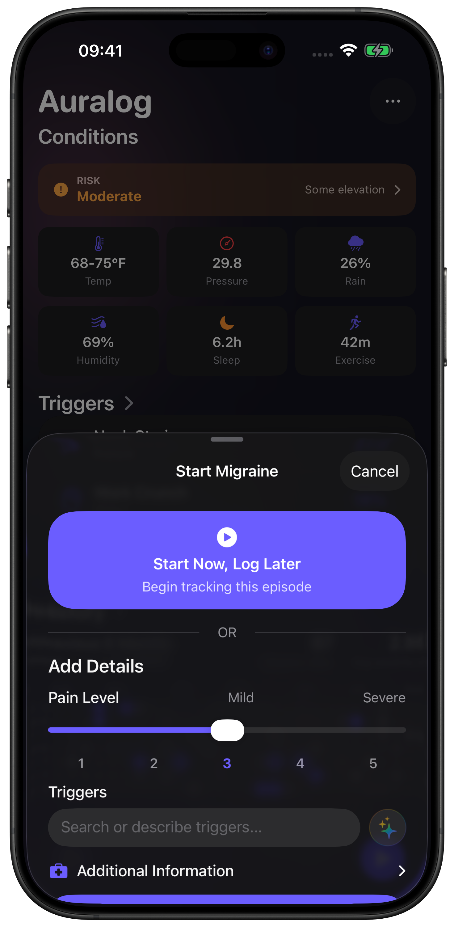 Auralog on iPhone showing One-tap migraine capture