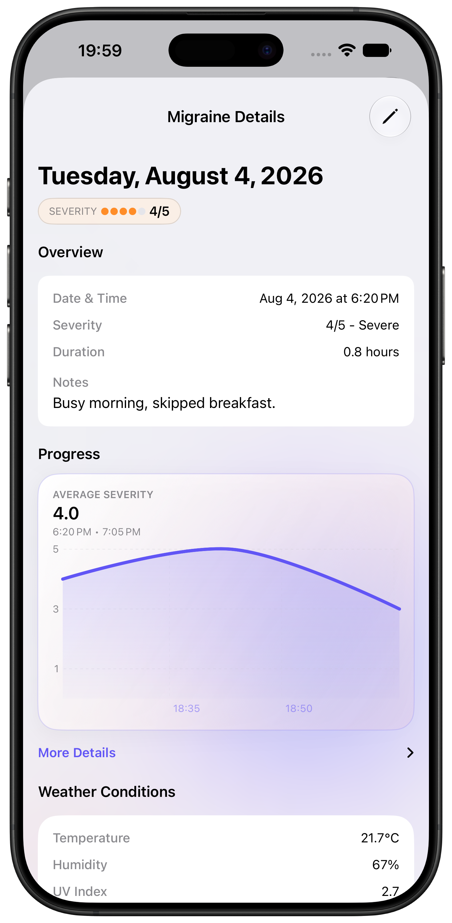 Auralog on iPhone showing Migraine details and progress
