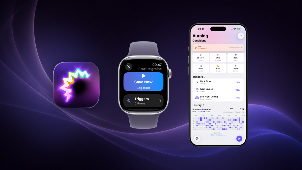Auralog shown on iPhone and Apple Watch in Apple-provided product bezels